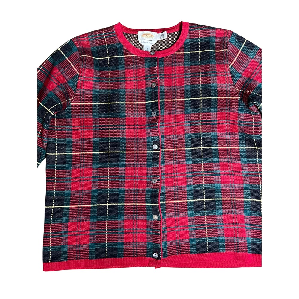 Talbots Womens Red Green Plaid 100% Merino Wool Cardigan Sweater Made in Italy M